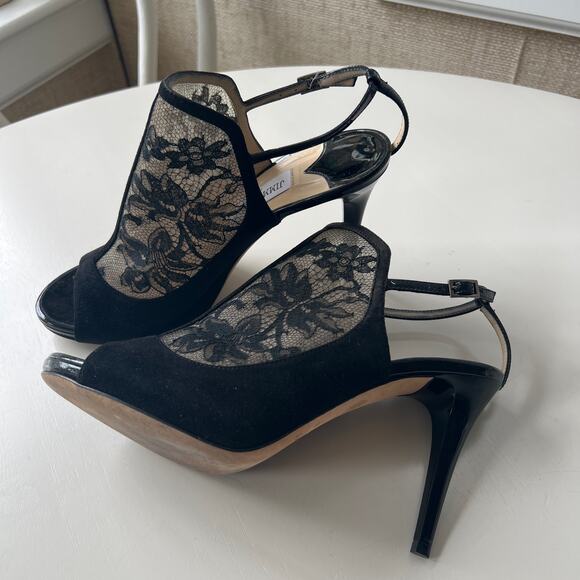 JIMMY CHOO Maylen Suede Floral Lace Black Sling back Bootie 4" Heels EU 39 - Picture 1 of 8